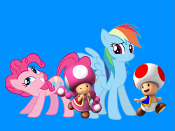 Size: 1707x1276 | Tagged: safe, edit, pinkie pie, rainbow dash, earth pony, pegasus, pony, g4, blue background, crossover, cute, dashabetes, diapinkes, female, male, mare, simple background, super mario bros., toad (mario bros), toad dash, toadette, toadette pie