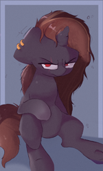 Size: 1802x3000 | Tagged: safe, artist:rainyvisualz, oc, oc only, oc:kyanite mocha, pony, unicorn, angry, ear piercing, horn, looking at you, male, piercing, simple background, sitting, solo, static, unicorn oc