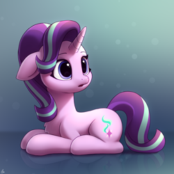 Size: 2000x2000 | Tagged: safe, artist:luminousdazzle, starlight glimmer, pony, unicorn, g4, :o, cute, female, floppy ears, glimmerbetes, high res, lying down, mare, multicolored mane, open mouth, prone, reflection, reflective floor, solo