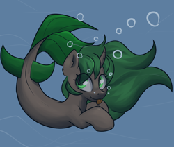 Size: 2600x2200 | Tagged: safe, artist:dumbwoofer, oc, oc only, oc:pine shine, seapony (g4), unicorn, :p, blue background, bubble, curved horn, digital art, dorsal fin, ear fluff, female, fin, flowing mane, flowing tail, green eyes, high res, horn, looking at you, mare, ocean, seaponified, simple background, smiling, solo, species swap, swimming, tail, tongue out, underwater, water