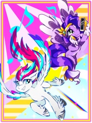 Size: 768x1024 | Tagged: safe, artist:stacy_165cut, pipp petals, zipp storm, pegasus, pony, g5, cellphone, duo, duo female, female, flying, grin, headband, hoof hold, mare, music notes, one eye closed, phone, royal sisters (g5), siblings, sisters, smiling, spread wings, unshorn fetlocks, wings, wink