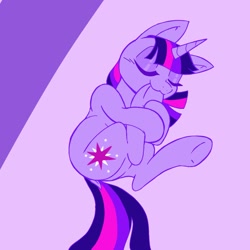 Size: 1100x1100 | Tagged: safe, artist:stacy_165cut, twilight sparkle, pony, unicorn, g4, biting, dock, eyes closed, female, hoof biting, mare, purple background, simple background, solo, tail, underhoof, unicorn twilight