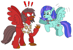 Size: 2976x2064 | Tagged: safe, artist:supahdonarudo, oc, oc only, oc:ironyoshi, oc:sea lilly, classical hippogriff, hippogriff, pegasus, pony, atg 2022, camera, clothes, exclamation point, flying, high res, hippogriffied, jewelry, necklace, newbie artist training grounds, raised hoof, shirt, shocked, simple background, species swap, transparent background