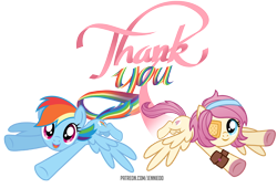 Size: 1100x747 | Tagged: safe, artist:jennieoo, rainbow dash, oc, oc:gentle star, pegasus, pony, g4, cute, dashabetes, eyepatch, flying, gift art, happy, looking at you, ocbetes, patreon, patreon reward, show accurate, simple background, smiling, smiling at you, thank you, transparent background