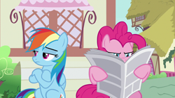 Size: 1280x720 | Tagged: safe, screencap, pinkie pie, rainbow dash, earth pony, pegasus, pony, daring done?, g4, season 7, bench, bored, crossed hooves, duo, duo female, female, folded wings, frown, mare, narrowed eyes, newspaper, rainbow dash is not amused, reading, sitting, unamused, wings