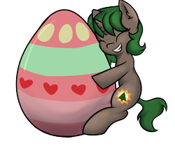Size: 2600x2200 | Tagged: safe, artist:dumbwoofer, oc, oc only, oc:pine shine, pony, unicorn, ear fluff, easter egg, embrace, eyes closed, female, grin, happy, high res, hug, mare, simple background, smiling, solo, transparent background