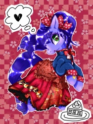 Size: 960x1280 | Tagged: safe, artist:stacy_165cut, kimono, earth pony, pony, g3, aoqun, bow, cake, cake slice, clothes, dress, female, food, hair bow, heart, kimono (clothing), mare, namesake, plate, pun, ruqun, solo, thought bubble, visual pun