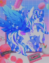 Size: 1452x1865 | Tagged: safe, artist:stacy_165cut, star catcher, pegasus, pony, g3, compact cassette, diamond, female, flower, food, japanese, looking at you, looking back, looking back at you, mare, milk, open mouth, solo, spread wings, wings