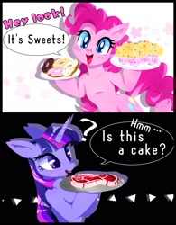 Size: 1455x1870 | Tagged: safe, artist:stacy_165cut, pinkie pie, twilight sparkle, earth pony, pony, unicorn, g4, bipedal, cupcake, dialogue, donut, duo, duo female, exclamation point, female, food, hoof hold, horn, looking at you, mare, meat, omnivore twilight, open mouth, open smile, plate, ponies eating meat, question mark, smiling, smiling at you, speech bubble, steak, unicorn twilight