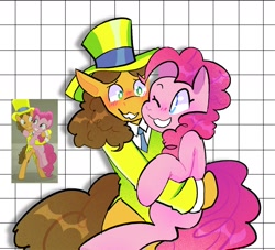 Size: 1449x1317 | Tagged: safe, artist:stevetwisp, screencap, cheese sandwich, pinkie pie, earth pony, pony, g4, the last laugh, :3, bipedal, blushing, carrying, clothes, female, happy, hat, male, mare, one eye closed, scene interpretation, screencap reference, ship:cheesepie, shipping, smiling, stallion, straight, suit, top hat, wavy mouth, wink