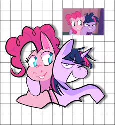 Size: 1500x1639 | Tagged: safe, artist:stevetwisp, screencap, pinkie pie, twilight sparkle, alicorn, earth pony, pony, unicorn, a trivial pursuit, g4, :3, grin, implied lesbian, implied shipping, implied twinkie, lidded eyes, messy mane, scene interpretation, screencap reference, smiling, twilight sparkle (alicorn)