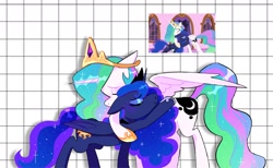 Size: 1947x1200 | Tagged: safe, artist:stevetwisp, screencap, princess celestia, princess luna, alicorn, pony, a royal problem, g4, eyes closed, floppy ears, hug, nuzzling, scene interpretation, screencap reference, smiling, spread wings, swapped cutie marks, wings