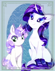 Size: 1439x1863 | Tagged: safe, artist:stacy_165cut, rarity, sweetie belle, pony, unicorn, g4, duo, duo female, eyeshadow, female, filly, foal, horn, makeup, mare, siblings, sisters, sitting
