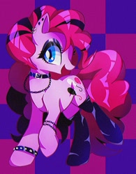Size: 1460x1875 | Tagged: safe, artist:stacy_165cut, pinkie pie, earth pony, pony, g4, bracelet, chains, choker, clothes, ear piercing, earring, eyeshadow, female, goth, hair dye, jewelry, looking at you, makeup, mare, open mouth, piercing, pinkie pie's boutique, raised hoof, raised leg, solo, tiled background