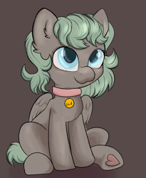 Size: 2170x2647 | Tagged: safe, artist:dumbwoofer, oc, oc only, oc:forest air, pegasus, pony, collar, cute, female, filly, foal, heart, high res, hoof heart, looking at you, pet play, simple background, sitting, smiling, solo, text, underhoof