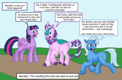 Size: 1280x842 | Tagged: safe, artist:termyotter, starlight glimmer, trixie, twilight sparkle, alicorn, kirin, pony, unicorn, g4, atg 2022, cloven hooves, dialogue, female, imminent nirik, implied transformation, inconvenient trixie, kirin starlight, kirin-ified, mare, moments before disaster, newbie artist training grounds, species swap, spell gone wrong, this will end in fire, this will end in nirik, this will not end well, trio, twilight sparkle (alicorn)