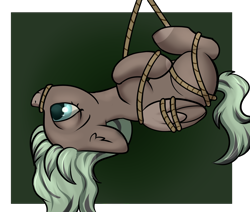 Size: 2600x2200 | Tagged: safe, artist:dumbwoofer, oc, oc only, oc:forest air, pegasus, pony, blank flank, bondage, ear fluff, female, filly, foal, gag, high res, mane dye, rope, rope bondage, rope gag, side view, simple background, solo, teenager, tied up, upside down