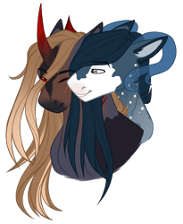 Size: 1805x2200 | Tagged: safe, artist:purplegrim40, oc, oc only, pony, unicorn, bust, eye scar, gay, horn, male, oc x oc, one eye closed, scar, shipping, simple background, stallion, transparent background, unicorn oc, wink