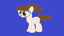 Size: 1280x728 | Tagged: safe, artist:disneyponyfan, artist:lavender-doodles, pegasus, pony, g4, aliza, base used, blue background, brown hair, brown mane, brown tail, female, folded wings, glasses, mare, open mouth, open smile, ponified, ponytail, simple background, smiling, solo, tail, wings, wordgirl