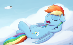 Size: 2000x1252 | Tagged: safe, artist:arcane-thunder, blossomforth, rainbow dash, thunderlane, pegasus, pony, arm behind head, atg 2022, belly, cloud, eyes closed, female, floppy ears, hooves behind head, mare, newbie artist training grounds, on a cloud, open mouth, sky, sleeping, sleeping on a cloud, sleepydash, snoring, solo focus, teeth
