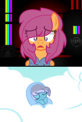 Size: 733x1090 | Tagged: safe, artist:mialositas2017, scootaloo, oc, oc:absentia, oc:sweet, pegasus, pony, fanfic:pegasus device, fanfic:rainbow factory, g4, baby, baby pony, clothes, cloud, fanfic art, female, filly, foal, hoodie, lying down, lying on a cloud, mare, next generation, older, older scootaloo, on a cloud, rainbow, sad, sky, sleeping, smiling, story included