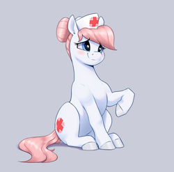 Size: 2464x2433 | Tagged: safe, artist:aquaticvibes, nurse redheart, earth pony, pony, g4, blushing, cute, female, gray background, hair bun, hat, heartabetes, high res, mare, nurse hat, raised hoof, simple background, sitting, smiling, solo