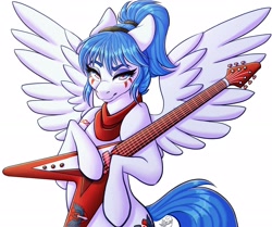 Size: 2520x2103 | Tagged: safe, artist:mxiiisy, part of a set, oc, oc only, oc:valkre siriusa, oc:valkyrie, pegasus, pony, accessory, bangs, blue eyes, clothes, ears back, facial markings, flying v, gibson flying v, guitar, high res, holding, looking at you, musical instrument, ponytail, scarf, simple background, smiling, smirk, smug, solo, spread wings, standing, white background, white coat, wings