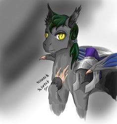 Size: 785x830 | Tagged: safe, artist:lambs prey, oc, oc:dusky gloom, bat pony, pony, fanfic:prey and a lamb, ear tufts, fanfic art, helmet, isnd, night guard, scar, scratching, slit pupils