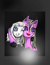Size: 613x789 | Tagged: safe, artist:lambs prey, oc, oc:lemon pink, oc:prey, lamb, pony, sheep, unicorn, fanfic:prey and a lamb, cloven hooves, crazy face, curved horn, faic, fanfic art, female, horn, mare, runt, sharp horn, smiling