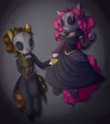Size: 2680x3000 | Tagged: safe, artist:lockheart, cheese sandwich, pinkie pie, earth pony, semi-anthro, g4, arm hooves, clothes, dress, female, gas mask, high res, holding hooves, male, mare, mask, my chemical romance, ship:cheesepie, shipping, stallion, straight