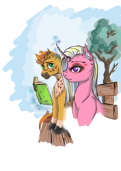 Size: 1488x2105 | Tagged: safe, artist:lambs prey, oc, oc:lemon pink, oc:randy pickaxe, earth pony, pony, unicorn, fanfic:prey and a lamb, bench, book, curved horn, fanfic art, female, horn, male, mare, park, reading, sharp horn, stallion