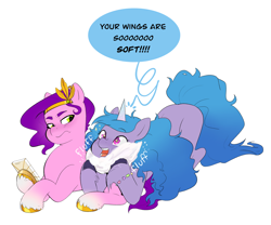 Size: 2604x2167 | Tagged: safe, artist:aztrial, izzy moonbow, pipp petals, pegasus, pony, unicorn, g5, blushing, bracelet, cellphone, coat markings, dialogue, duo, duo female, eyebrows, eyebrows visible through hair, female, fluffy, friendship bracelet, frown, headband, high res, horn, jewelry, mare, onomatopoeia, open mouth, open smile, personal space invasion, phone, photo, pipp petals is not amused, regalia, rubbing, simple background, smartphone, smiling, socks (coat markings), soft, sparkles, sparkly eyes, speech bubble, unamused, unshorn fetlocks, white background, wing fluff, wingding eyes, wings