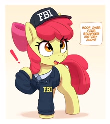 Size: 2751x3107 | Tagged: safe, artist:pabbley, apple bloom, earth pony, pony, g4, adorabloom, apple bloom's bow, baseball cap, blank flank, bow, browser history, cap, clothes, cute, dialogue, exclamation point, eye clipping through hair, eyebrows, eyebrows visible through hair, fbi, female, filly, foal, gradient background, hair bow, hat, high res, implied anon, jacket, necktie, open mouth, open smile, passepartout, raised hoof, smiling, solo, speech bubble, talking, this will end in jail time