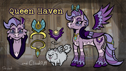 Size: 1920x1080 | Tagged: safe, artist:deidad dissitum, cloudpuff, queen haven, dog, flying pomeranian, pegasus, pomeranian, pony, g5, my little pony: a new generation, alternate design, coat markings, crown, female, jewelry, mare, redesign, reference sheet, regalia, solo, winged dog, wings
