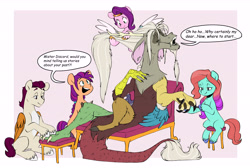 Size: 6416x4304 | Tagged: safe, artist:chub-wub, idw, discord, jazz hooves, pipp petals, rocky riff, sunny starscout, draconequus, earth pony, pegasus, pony, g5, my little pony: a new generation, spoiler:comic, spoiler:g5comic, absurd resolution, brushing, dialogue, eyebrows, eyebrows visible through hair, eyes closed, female, flying, foot massage, group, long nails, male, manicure, mare, old man discord, open mouth, open smile, passepartout, quintet, sitting, smiling, speech bubble, spread wings, stallion, stool, unshorn fetlocks, wings