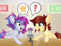Size: 4096x3109 | Tagged: safe, artist:partypievt, oc, oc only, oc:aerial soundwaves, oc:canni soda, earth pony, pegasus, pony, 2018, duo, exclamation point, female, heart, heart eyes, mare, microphone, old art, open mouth, open smile, smiling, speech bubble, starry eyes, ticket, traditional art, wingding eyes