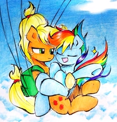 Size: 1990x2091 | Tagged: safe, artist:liaaqila, applejack, rainbow dash, earth pony, pegasus, pony, g4, cloud, duo, duo female, eyes closed, female, freckles, hatless, high res, lesbian, mare, missing accessory, open mouth, parachute, ship:appledash, shipping, sky, traditional art, underhoof
