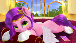 Size: 1920x1080 | Tagged: safe, artist:darksly, pipp petals, pegasus, pony, g5, adorapipp, atg 2022, cellphone, coat markings, colored wings, cute, female, headband, jewelry, looking at you, lying down, mare, markings, newbie artist training grounds, phone, pillow, princess pipp, prone, regalia, relaxing, rug, smartphone, socks (coat markings), solo, spread wings, unshorn fetlocks, wings
