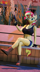 Size: 2160x3840 | Tagged: safe, artist:marianokun, sunset shimmer, anthro, plantigrade anthro, g4, 3d, black lagoon, boots, breasts, busty sunset shimmer, clothes, cosplay, costume, female, gloves, gun, handgun, high res, looking at you, pistol, revy, shoes, shorts, solo, source filmmaker, sports bra, weapon