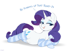 Size: 1100x770 | Tagged: safe, artist:higgly-chan, rarity, pony, unicorn, belly, belly button, clothes, eyeshadow, female, kate bush, makeup, mare, open mouth, running up that hill, simple background, socks, solo, song reference, striped socks, white background