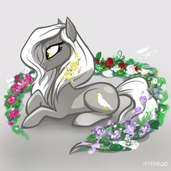 Size: 2048x2048 | Tagged: safe, artist:pfeffaroo, oc, oc only, oc:grimaire, earth pony, pony, earth pony oc, gradient background, high res, lying down, prone, signature, smiling, solo