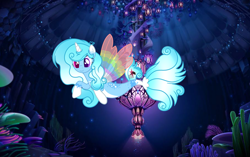 Size: 1280x803 | Tagged: safe, artist:patriciava, edit, oc, oc only, alicorn, seapony (g4), alicorn oc, base used, bioluminescent, bubble, coral, dorsal fin, female, fin wings, fins, fish tail, flowing mane, flowing tail, glowing, horn, mare, ocean, pink eyes, seaponified, seaquestria, seaweed, smiling, solo, species swap, swimming, tail, underwater, water, wings