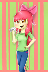 Size: 640x960 | Tagged: safe, artist:rmariansj, apple bloom, human, equestria girls, g4, adorabloom, apple bloom's bow, blushing, bow, clothes, cute, cutie mark on clothes, female, hair bow, happy, open mouth, open smile, sign, smiling, solo