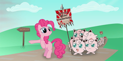 Size: 512x256 | Tagged: safe, artist:stylishkira, pinkie pie, earth pony, jigglypuff, pony, g4, female, flag, marching, mare, mordor, pointing, pokémon