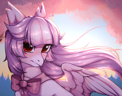 Size: 1473x1169 | Tagged: safe, artist:kaito_wivil, oc, oc:ophelia, hippogriff, g4, cherry blossoms, clothes, cute, flower, flower blossom, pink, school uniform, solo, sunset