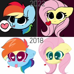 Size: 1080x1080 | Tagged: safe, artist:kittyrosie, fluttershy, rainbow dash, pegasus, pony, g4, 2018, 2022, :3, :p, blushing, comparison, cute, dashabetes, duo, female, heart, heart eyes, kittyrosie is trying to murder us, mare, redraw, shyabetes, tongue out, wingding eyes