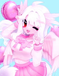 Size: 1582x2048 | Tagged: safe, artist:rinihimme, oc, oc:ophelia, hippogriff, human, anthro, balloon, clothes, cute, female, human facial structure, pink, school uniform, skirt, solo