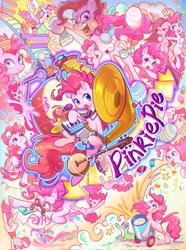 Size: 1523x2048 | Tagged: safe, artist:千雲九枭, gummy, pinkie pie, alligator, earth pony, pony, :p, accordion, balloon, banjo, bow, cake, cannon, cartwheel, clothes, cupcake, cute, diapinkes, dress, drums, fake moustache, female, flashlight (object), floating, food, funny, funny face, gala dress, glasses, groucho mask, harmonica, heart, male, music notes, musical instrument, party cannon, party horn, pie, pinkamena diane pie, pinktails pie, pony cannonball, rainbow power, rainbow power-ified, roller coaster, silly, silly pony, smiling, sousaphone, tambourine, text, then watch her balloons lift her up to the sky, tongue out, tuba