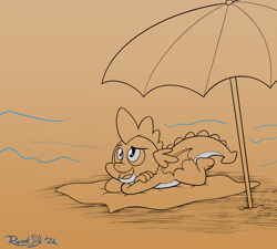 Size: 2000x1800 | Tagged: safe, artist:rupertbluefox, derpibooru exclusive, spike, dragon, series:natg rupert 22, atg 2022, beach, beach towel, beach umbrella, crossed arms, cute, dichromatic, limited palette, looking up, lying down, male, newbie artist training grounds, ocean, prone, relaxing, sketch, smiling, solo, spikabetes, towel, umbrella, water, wave, winged spike, wings