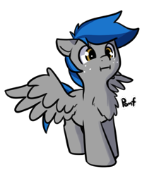 Size: 483x553 | Tagged: safe, artist:neuro, oc, oc only, pegasus, pony, :i, chest fluff, floppy ears, freckles, onomatopoeia, pomf, simple background, solo, sound effects, spread wings, transparent background, wings